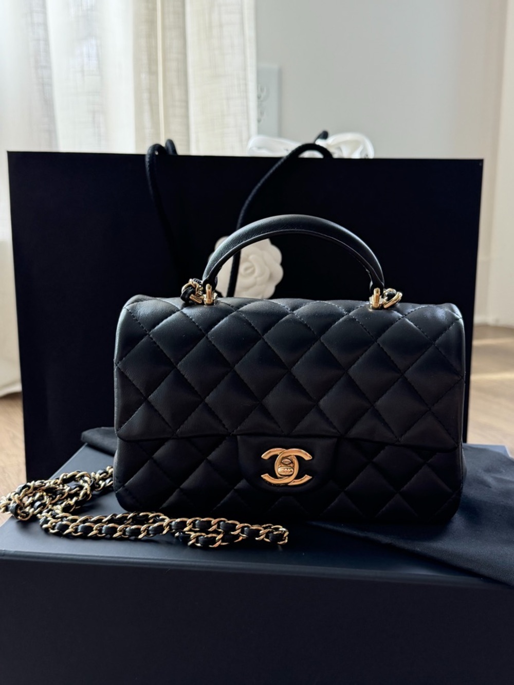 CHANEL Black Quilted Leather Top-Handle Shoulder Bag with Gold Hardware